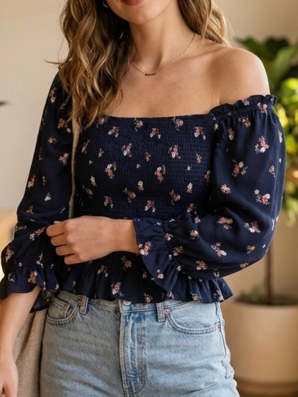 Rewind Navy Floral Smocked Off-Shoulder Peplum Top